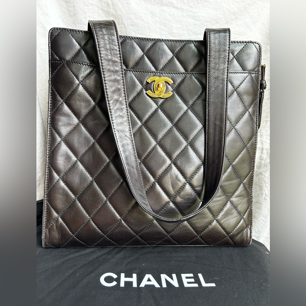 Vintage Chanel Black Lambskin Quilted Tote